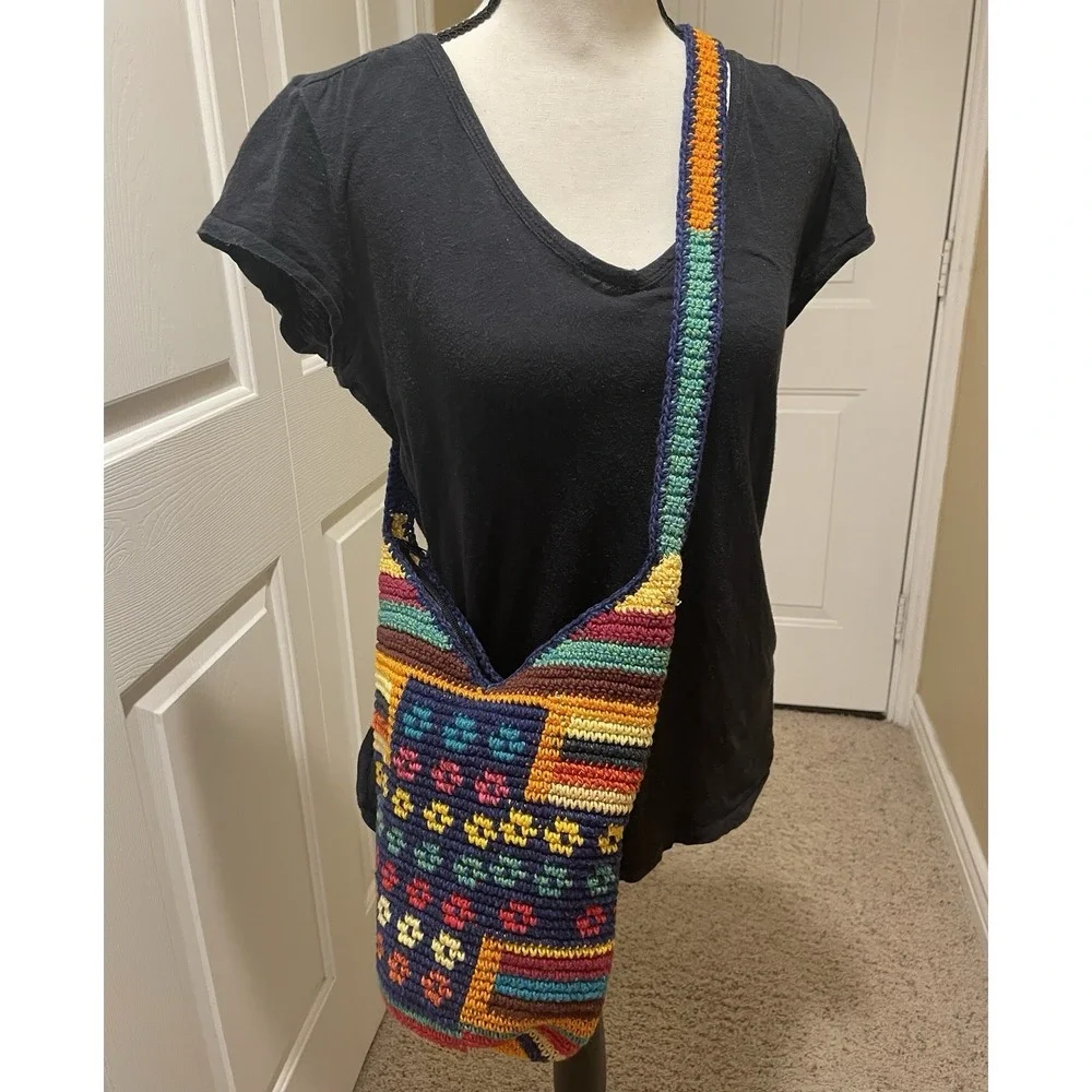 Guatamalan Woven Hobo Bag Crossbody Purse With Zipper Blue Orange Yellow Floral